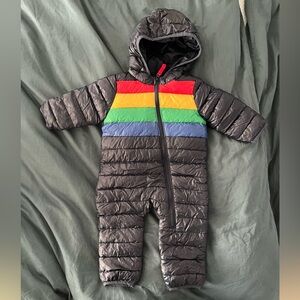 Preppy and Warm Primary Baby Snowsuit Bunting in Navy with Colorful Stripes